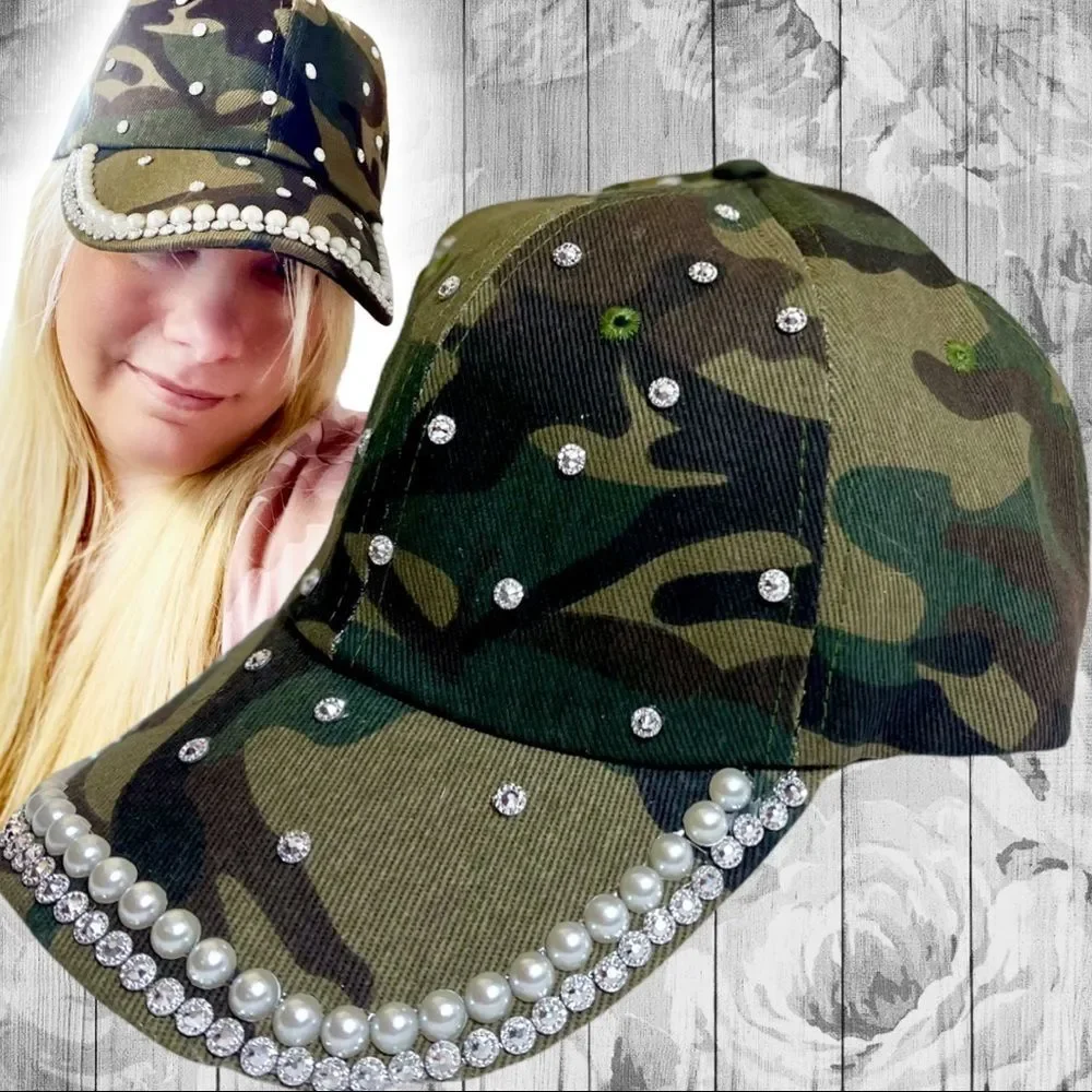 Camo Bling Rhinestone & Pearl Embellished Baseball Cap Hat NEW - Picture 4 of 12